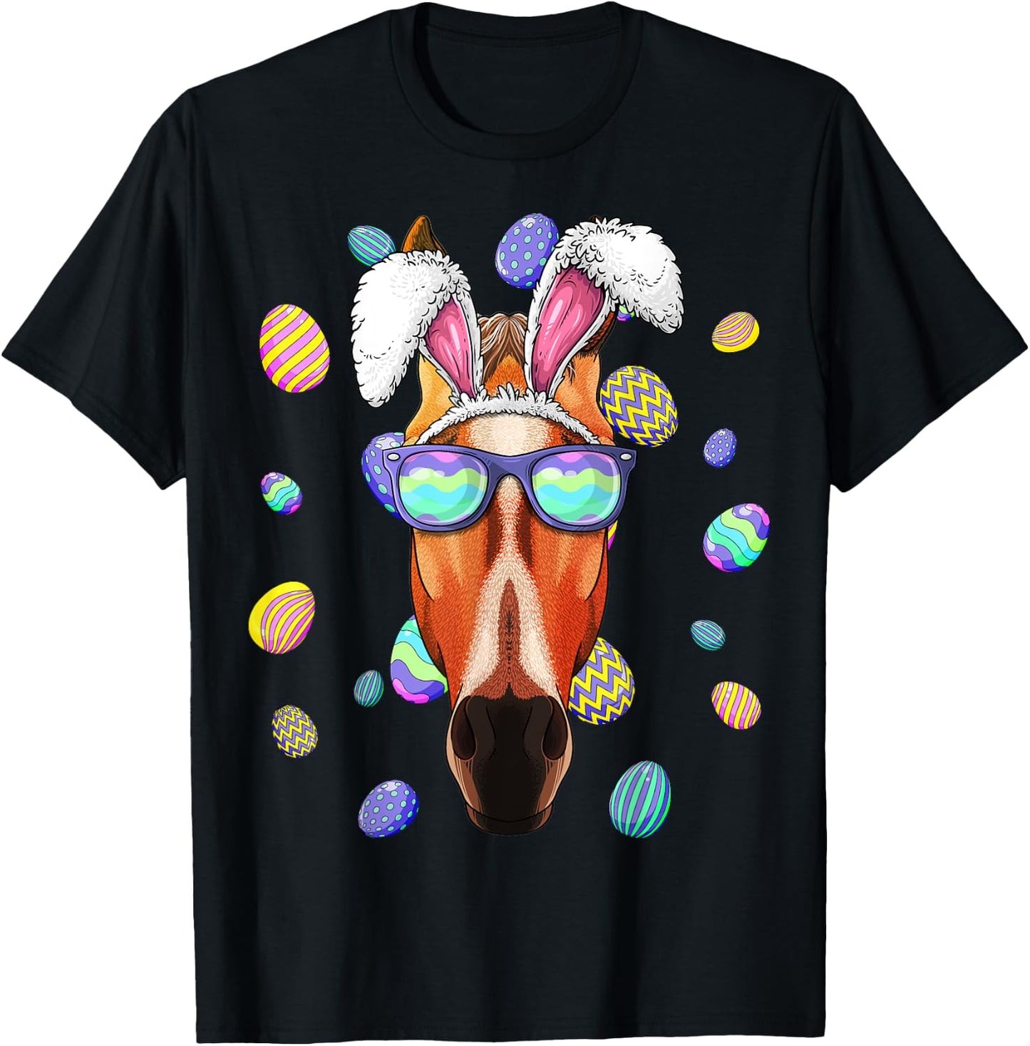 Horse Easter Bunny Ears Funny Easter Eggs Hunting T-Shirt - T-Shirt | Black