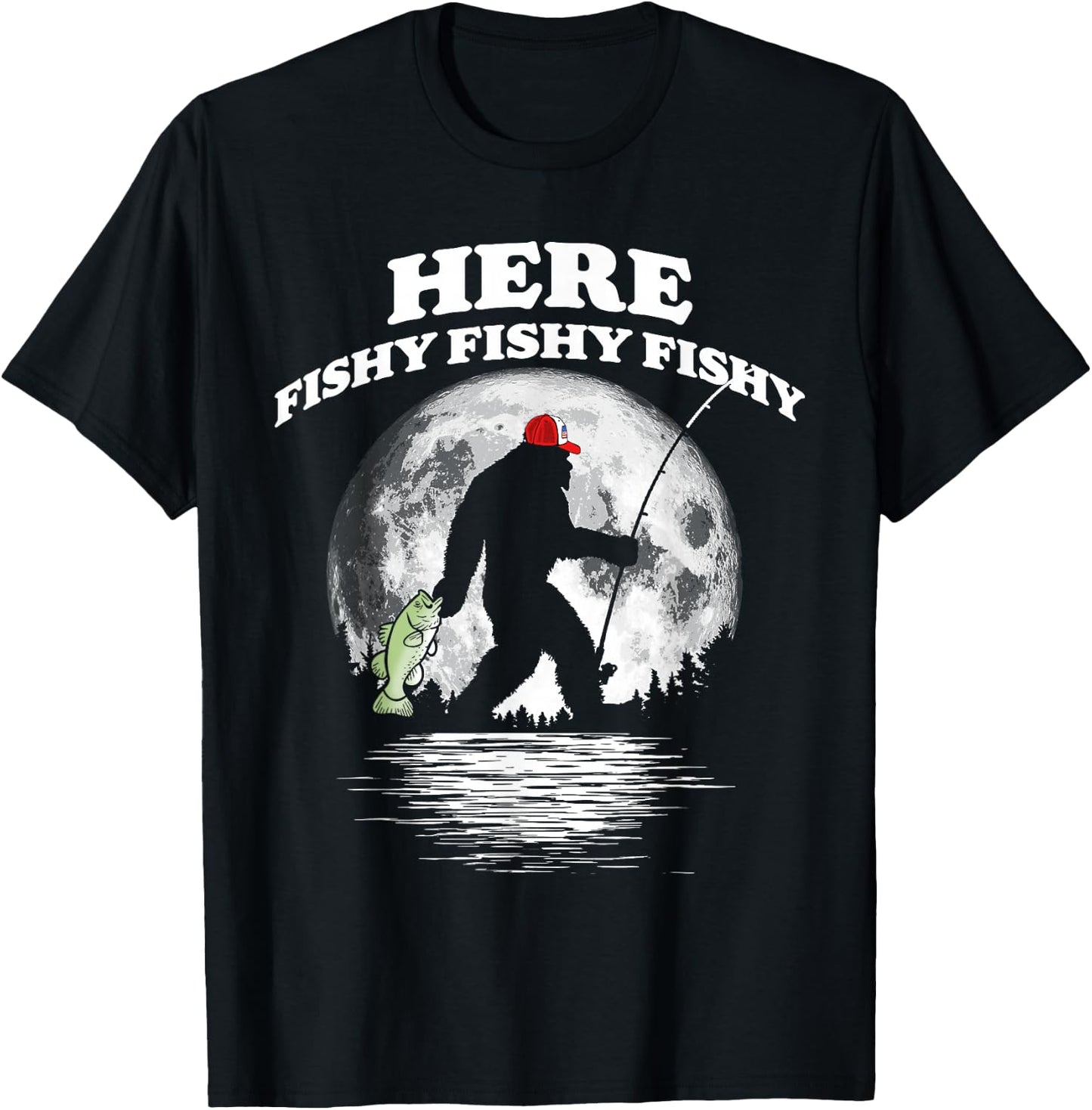 Bigfoot Bass Night Fishing! Fishy Bassquatch Sasquatch T-Shirt - T-Shirt | Black