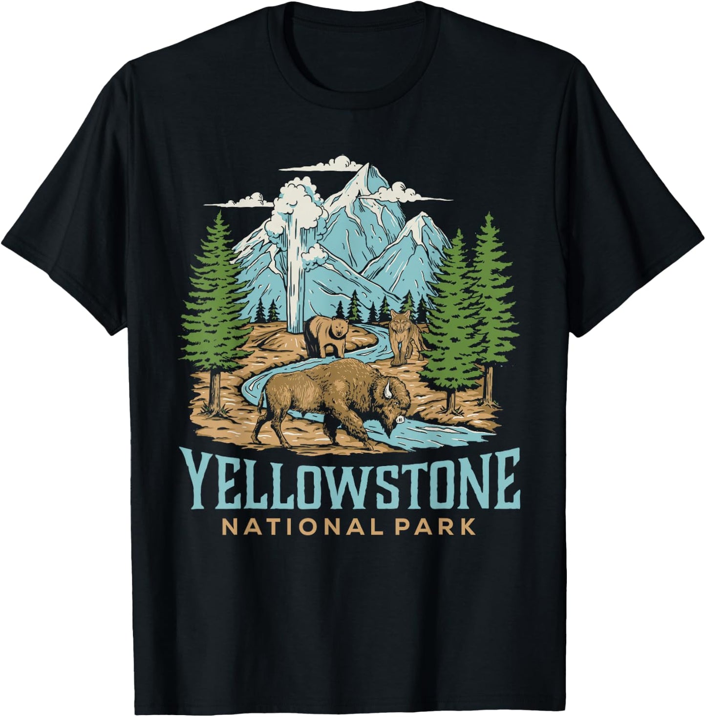 Yellowstone US National Park Wolf Bison Bear Vintage Gift T-Shirt - T-Shirt | Black