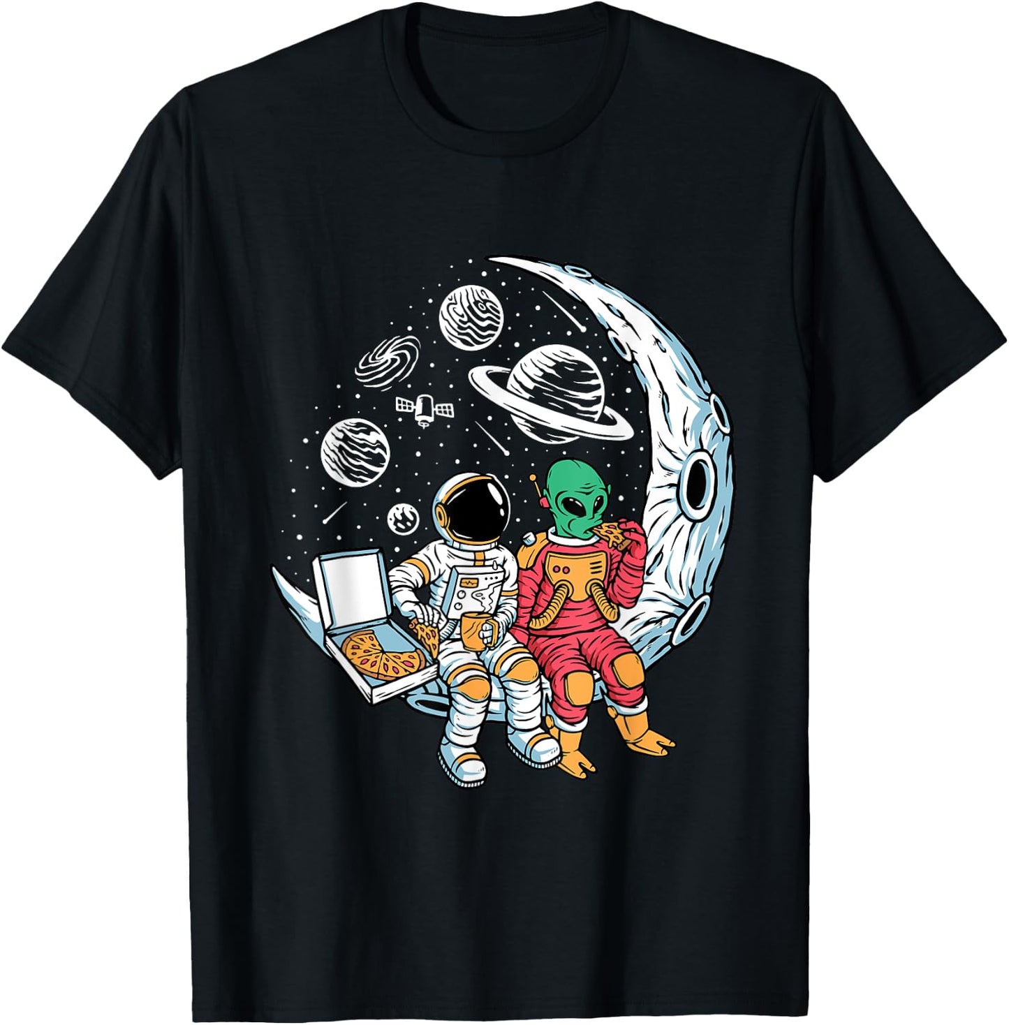 Astronaut Alien Eating Pizza in Space Chilling on the Moon T-Shirt - T-Shirt | Black