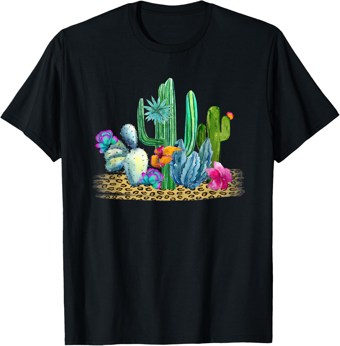 Desert Cactus Leopard Print Watercolor Boho Wanderlust T-Shirt - T-Shirt | Black