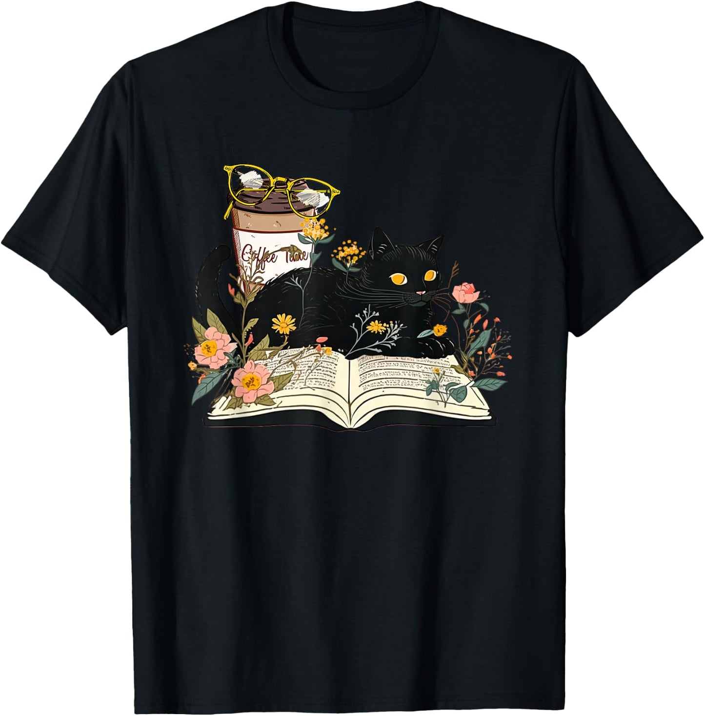 Coffee Kitty Cat and Book Lover Reader Gifts Books Reading T-Shirt - T-Shirt | Black