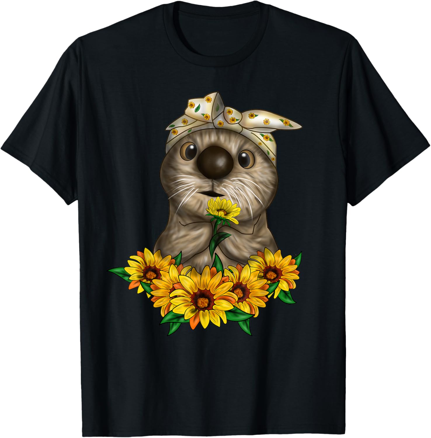 Cute Otter Lover with sunflowers T-Shirt - T-Shirt | Black