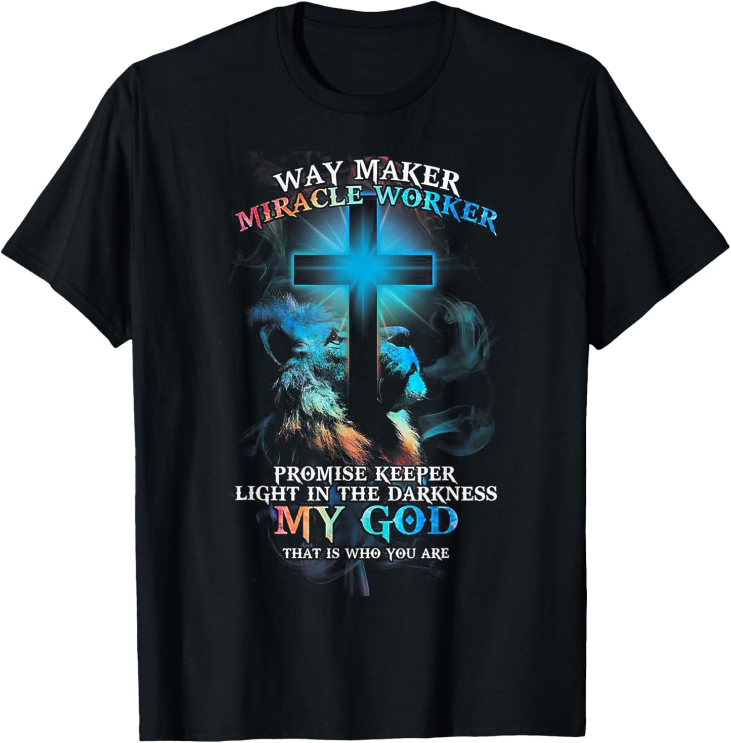 Lion Cross Light Colourful Waymaker Miracle Worker T-Shirt - T-Shirt | Black