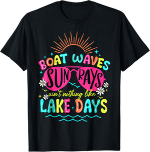 Boat Waves Sun Rays Lake Days Retro Summer Vacation Matching T-Shirt - T-Shirt | Black