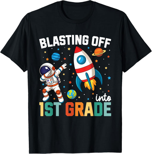 Blasting Off Into 1st Grade Boys First Day First Grade Kids T-Shirt - T-Shirt | Black