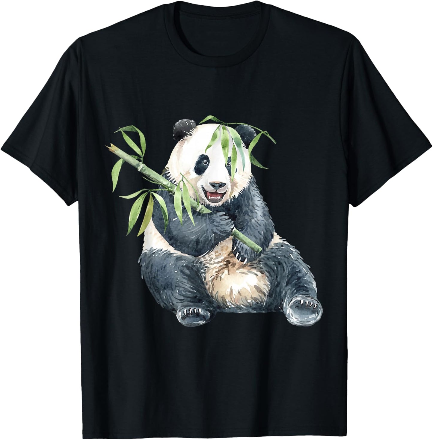 Panda Eating Bambus Watercolor T-Shirt - T-Shirt | Black