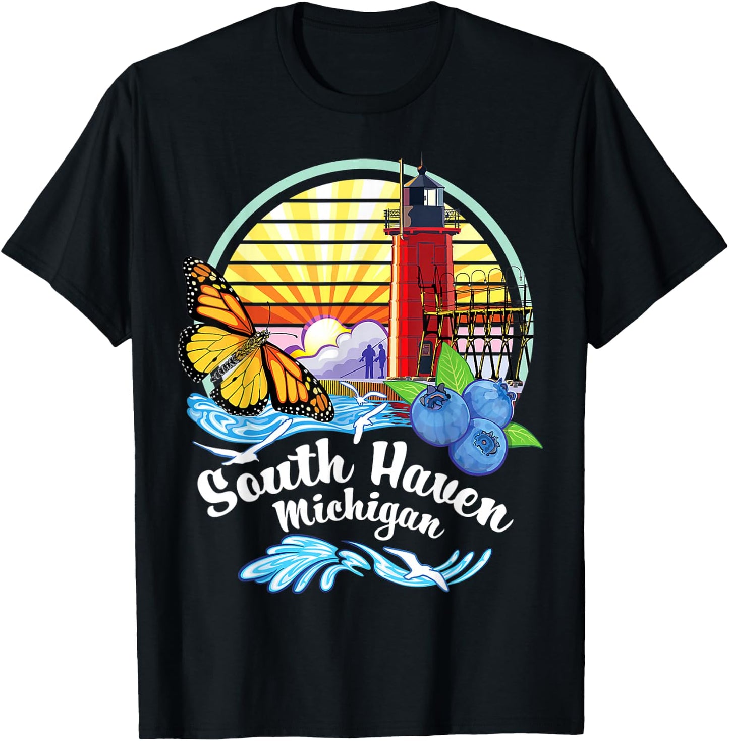 Monarch Butterfly Beach - South Haven Michigan Lighthouse T-Shirt - T-Shirt | Black