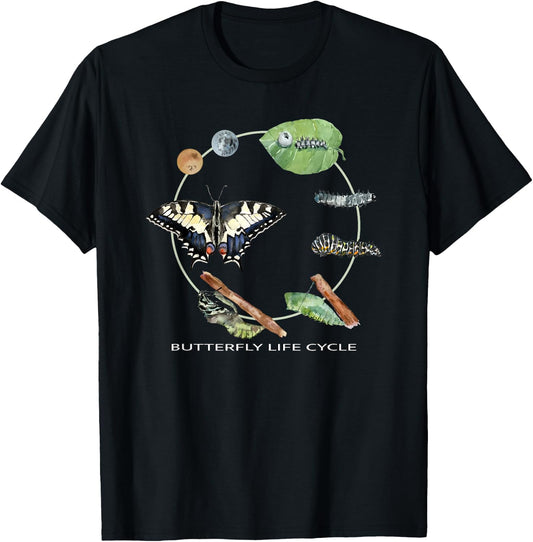 Butterfly Life Cycle Insect 4 Stage Specie Watercolor Design T-Shirt - T-Shirt | Black