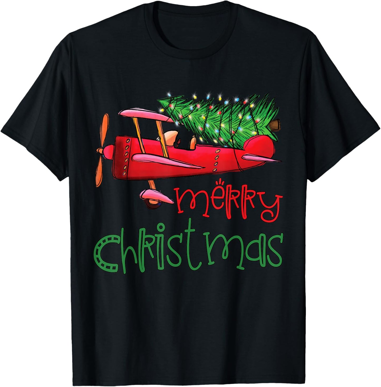 Merry Christmas Airplane Christmas Tree Pilot T-Shirt - T-Shirt | Black