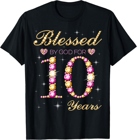 Blessed By God For 10 Years Old 10th Birthday Party T-Shirt - T-Shirt | Black