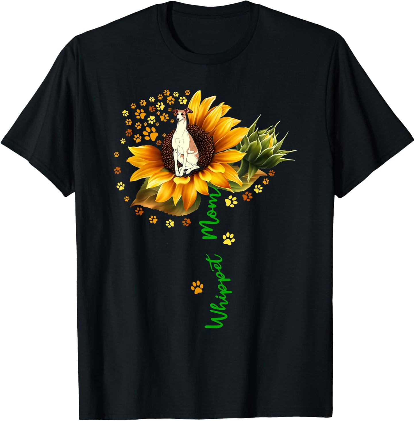 Whippet Mom Funny Whippet On Sunflower Dog Paws Flower T-Shirt - T-Shirt | Black