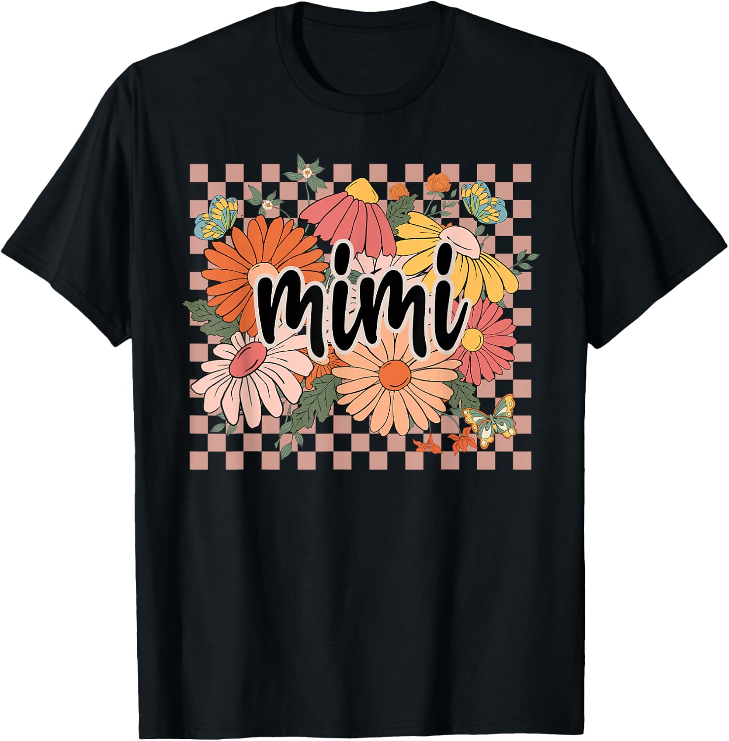 Mimi Floral Mother's Day Wildflower Girl Women Checkered T-Shirt - T-Shirt | Black