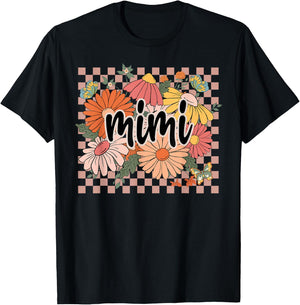 Mimi Floral Mother's Day Wildflower Girl Women Checkered T-Shirt - T-Shirt | Black