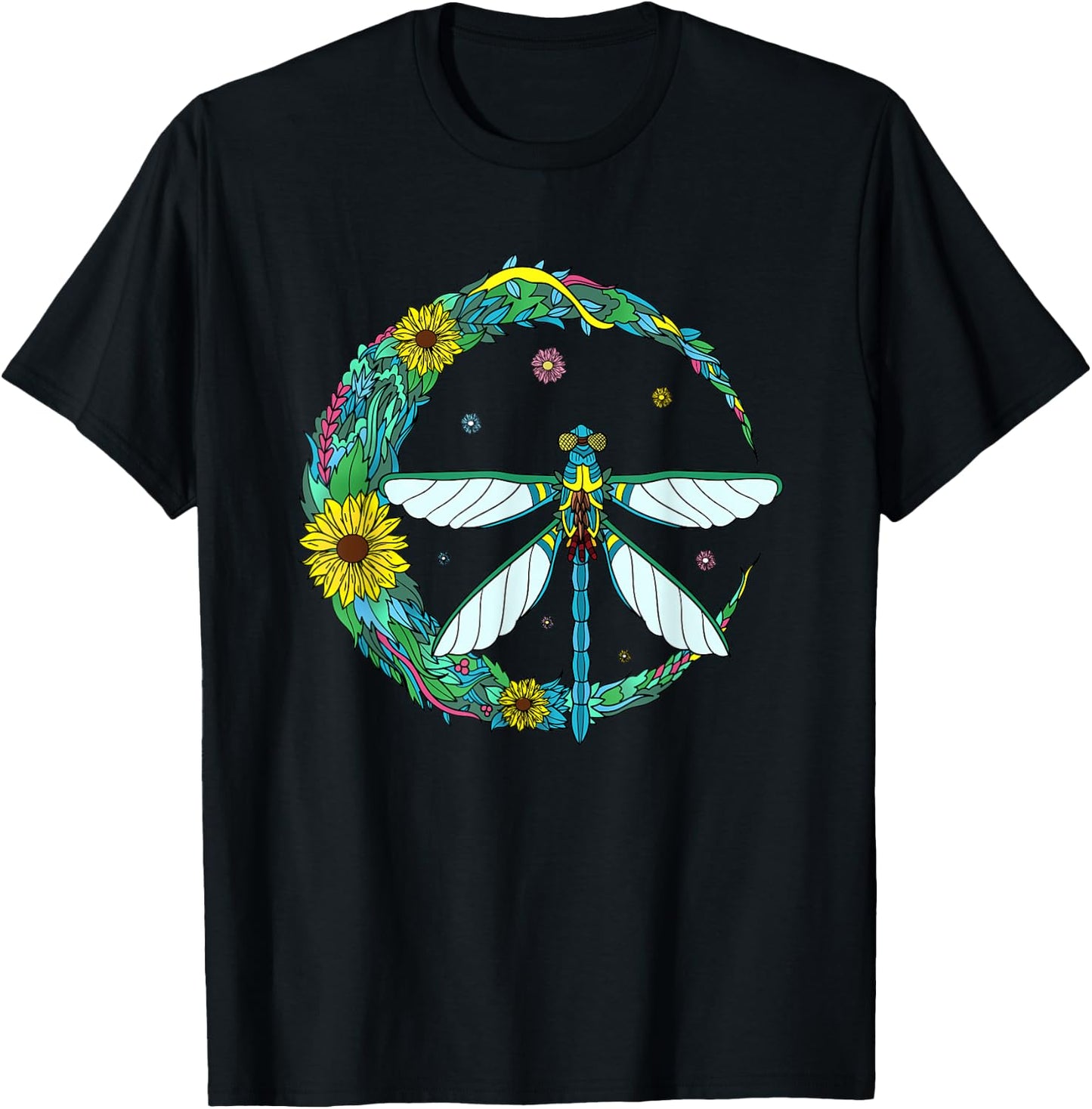 Dragonfly Boho Crescent Moon Peace Sign Hippie Dragonflies T-Shirt - T-Shirt | Black