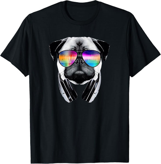 Trippy Pug Dog Wearing Music Equalizer Sunglasses T-Shirt - T-Shirt | Black
