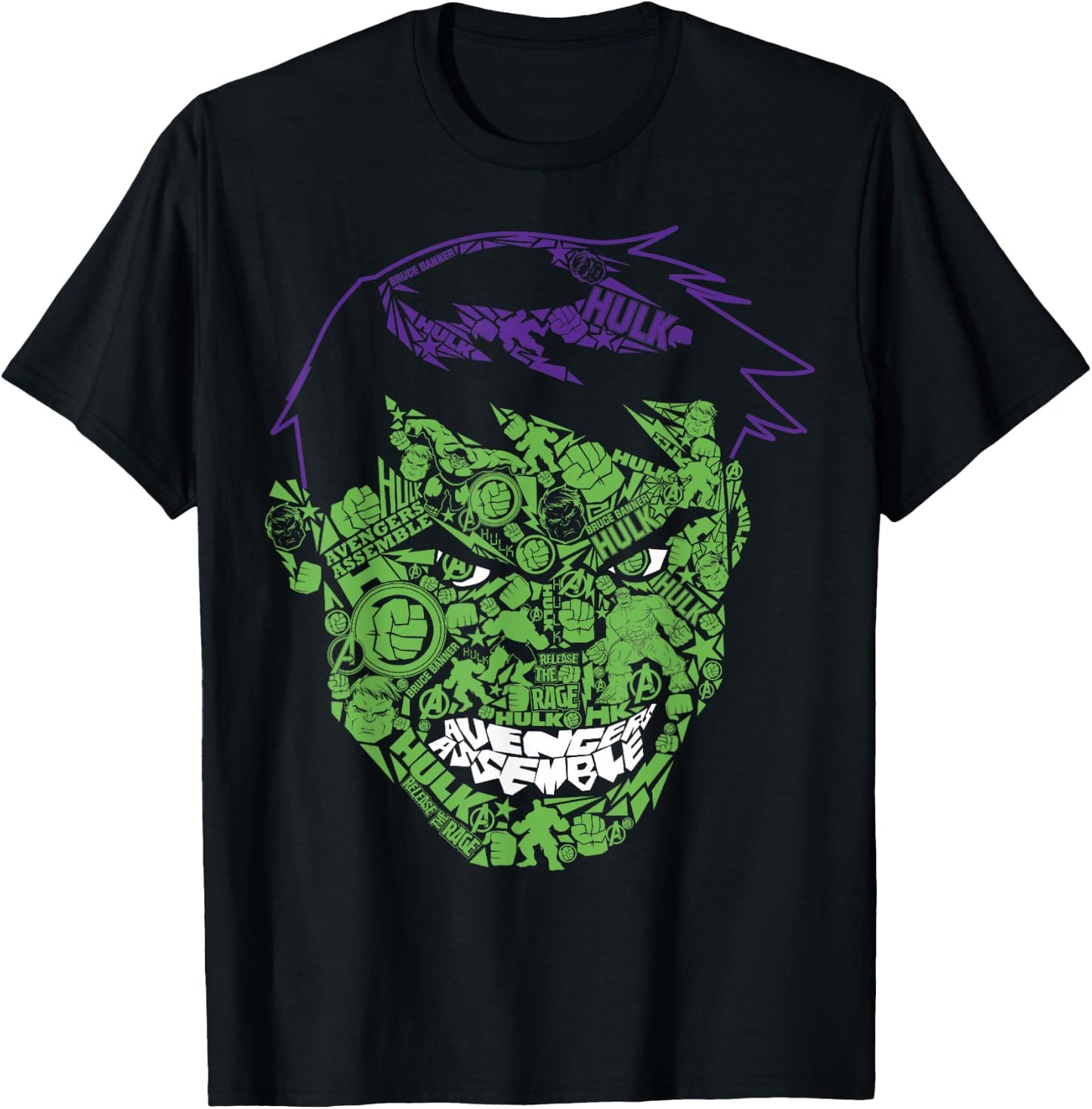 Marvel Hulk Angry Face Build Up Fill Graphic T-Shirt - T-Shirt | Black