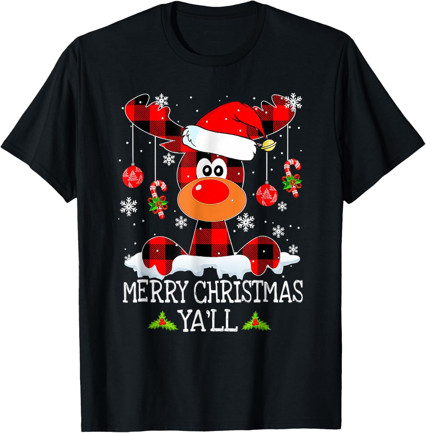 Merry Christmas Ya'll Reindeer Santa Hat Buffalo Red Plaid T-Shirt - T-Shirt | Black