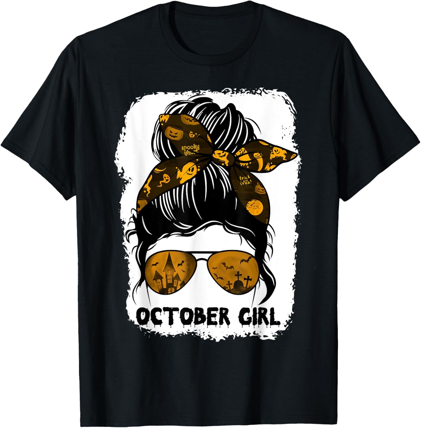 October Girl Messy Bun Lady Hair Horror Sunglasses Halloween T-Shirt - T-Shirt | Black