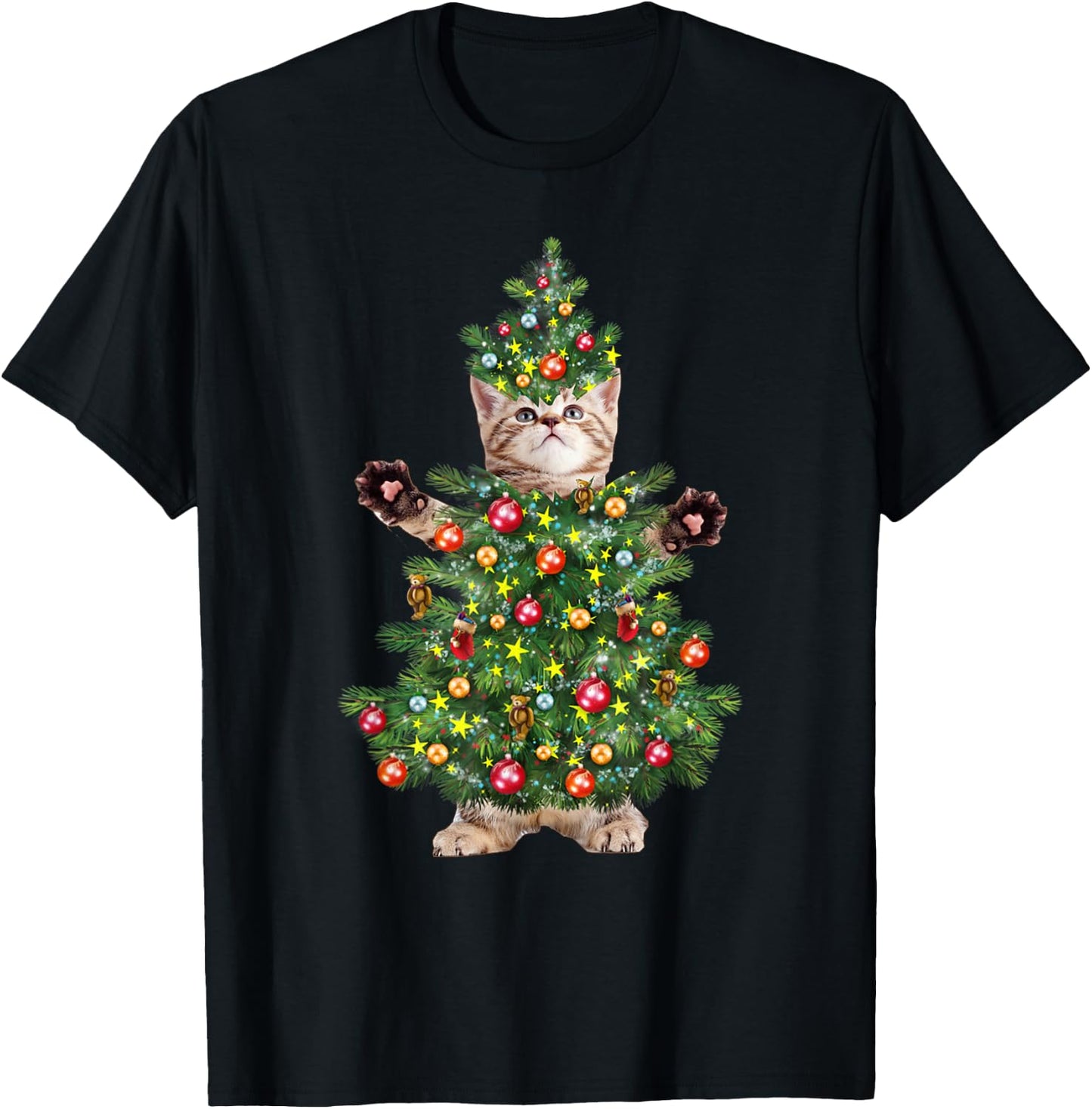 Funny Cat Christmas Tree Xmas Gifts Men Women Kids T-Shirt - T-Shirt | Black