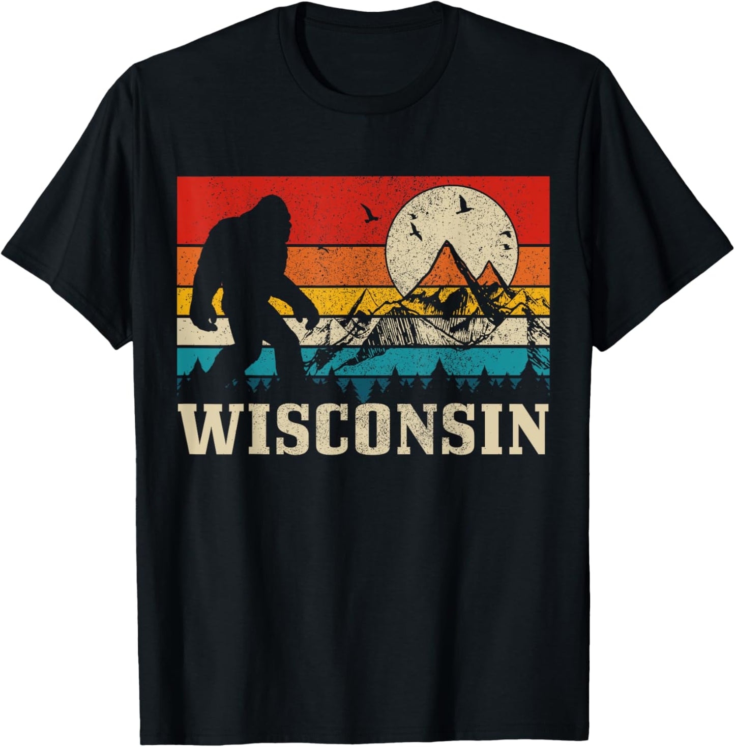 Wisconsin Bigfoot Vintage Mountains Hiking Hunter Gift T-Shirt - T-Shirt | Black