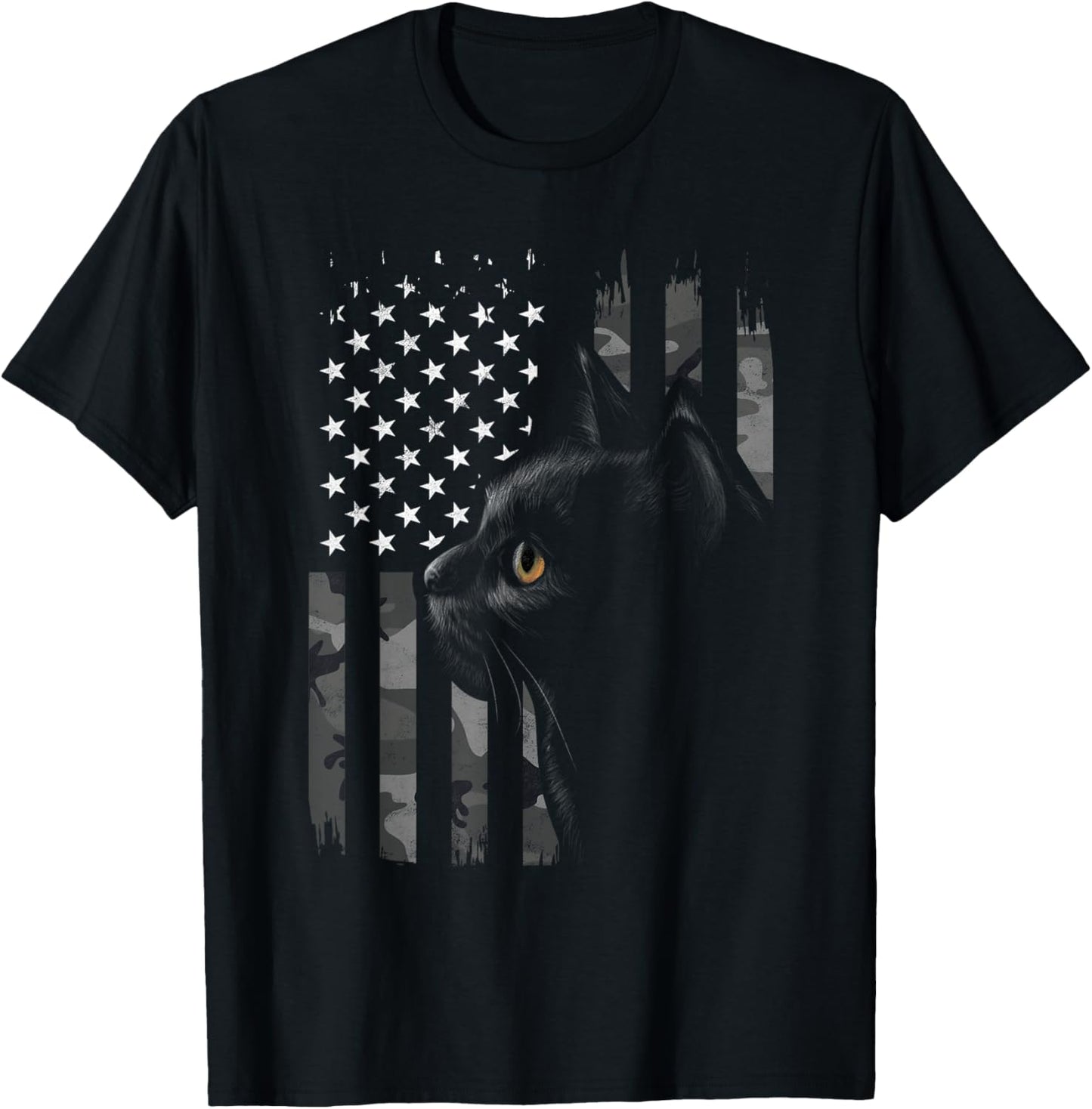 Vintage Style Black Cat Camo American Flag Patriotic Gift Women Kids Men T-Shirt - T-Shirt | Black