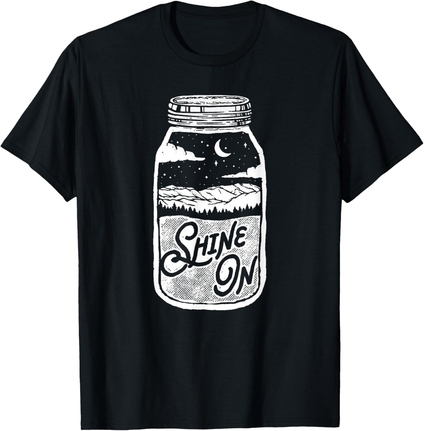 Shine On! Moonshine Lover Jar Design Moon & Mountains T-Shirt - T-Shirt | Black