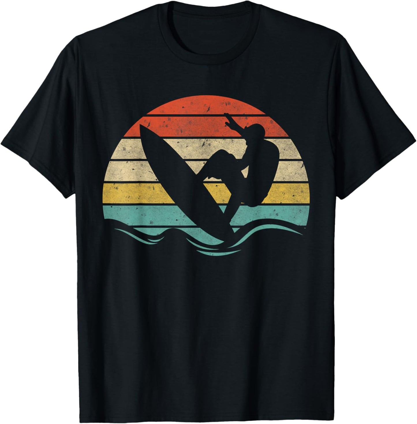 Vintage Retro Surfing Sunset Distressed Surfboarder Wave Gif T-Shirt - T-Shirt | Black