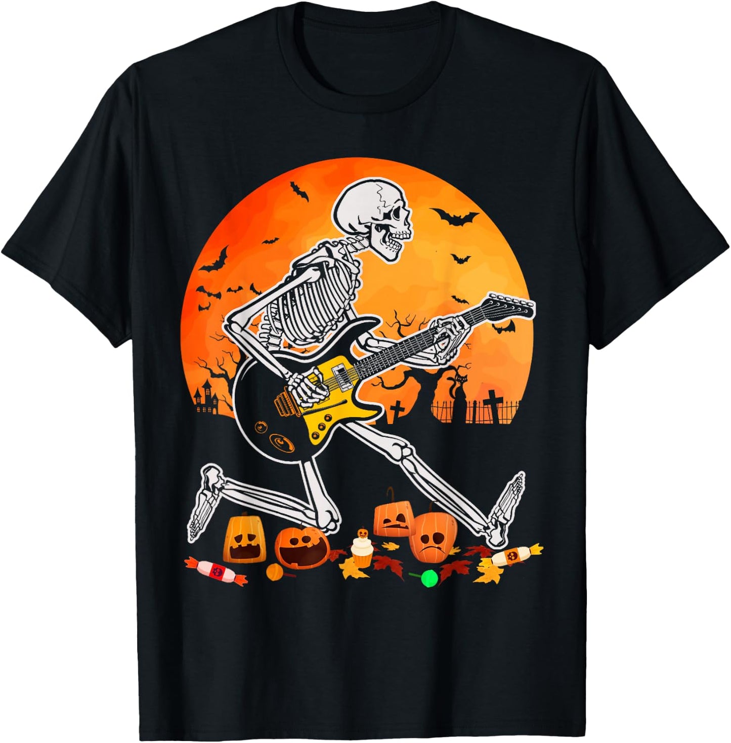 Skeleton Playing Bass Guitar Halloween Electric Acoustic T-Shirt - T-Shirt | Black