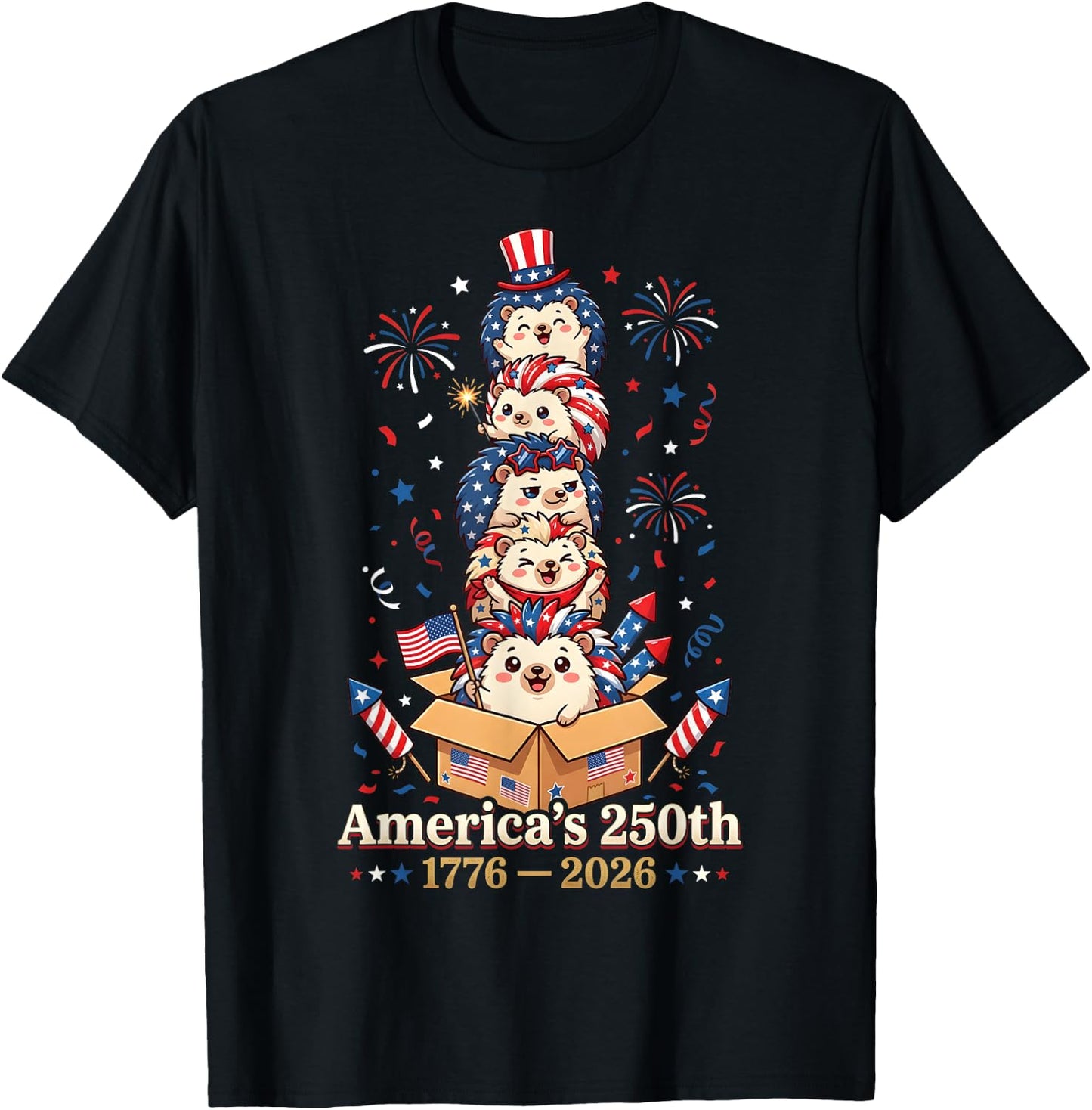 Hedgehog America's 250th Anniversary 1776 2026 4th of July T-Shirt - T-Shirt | Black