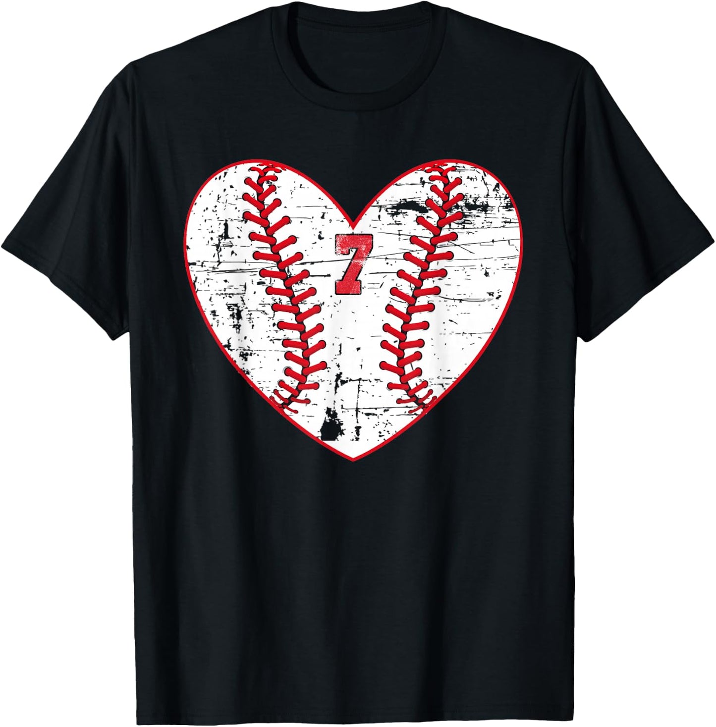 Baseball Distressed Heart Number 7 Sports Gift T-Shirt - T-Shirt | Black