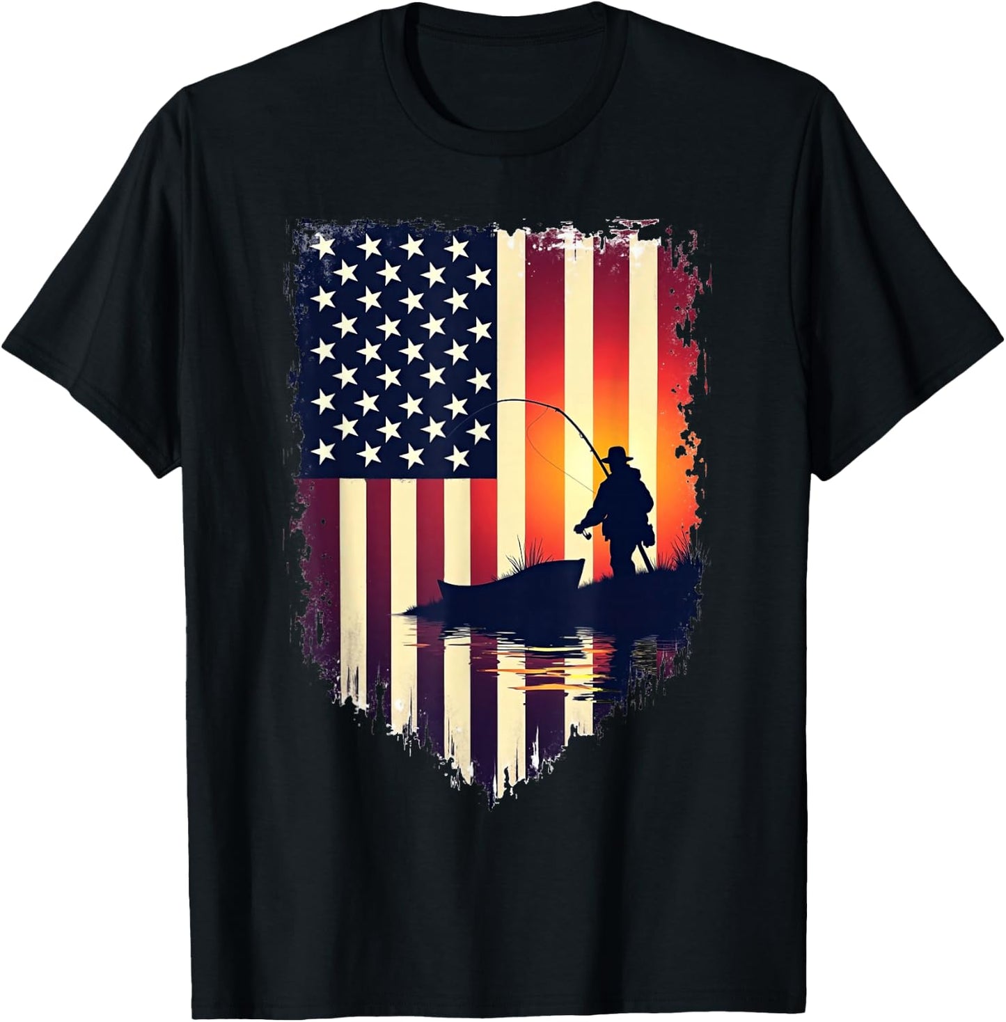 American Flag 4th of July Fish Fisherman Funny Bass Fishing T-Shirt - T-Shirt | Black