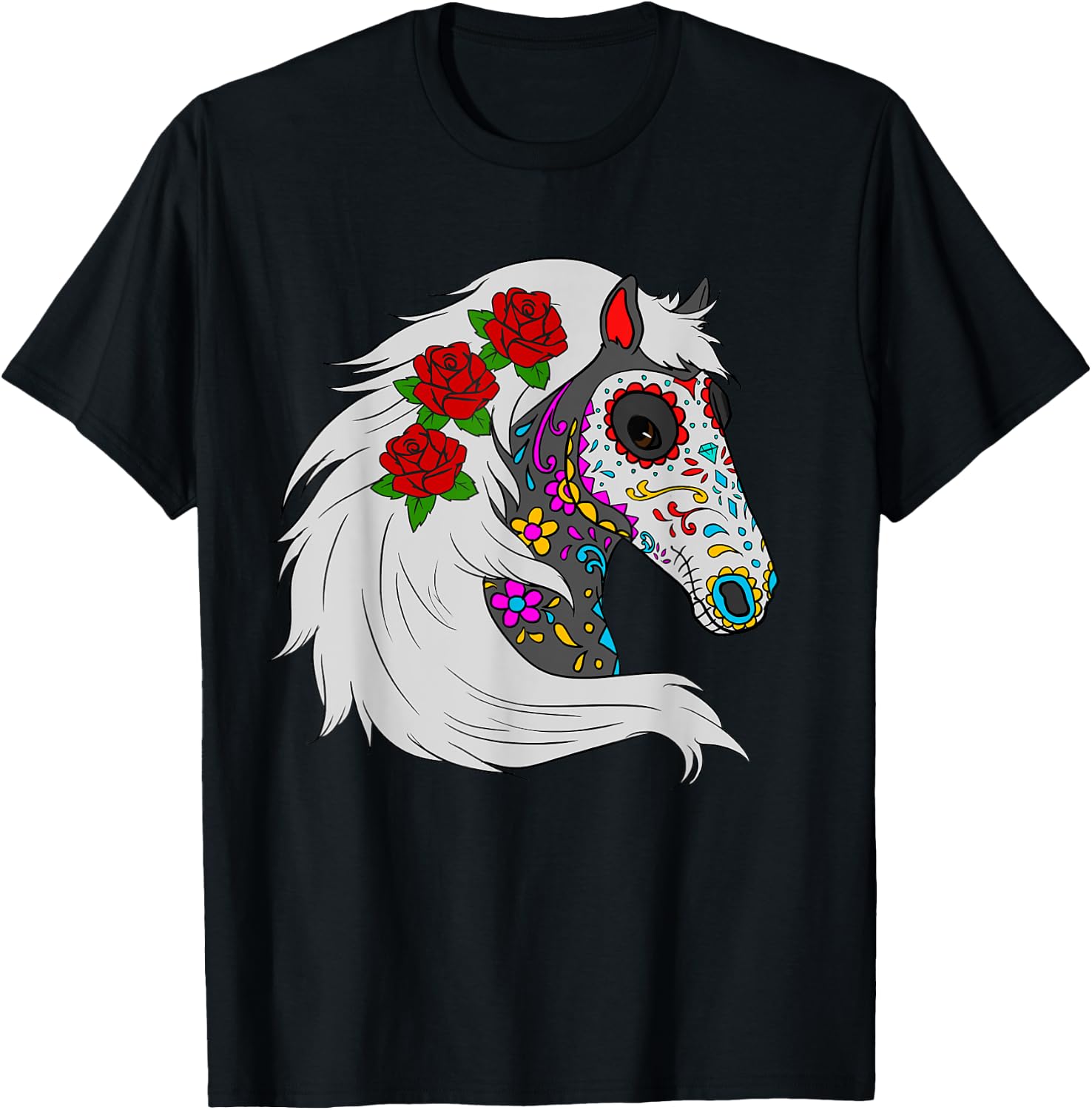 Day Of Dead Horse Mexican Roses Lover Horse Sugar Skull T-Shirt - T-Shirt | Black