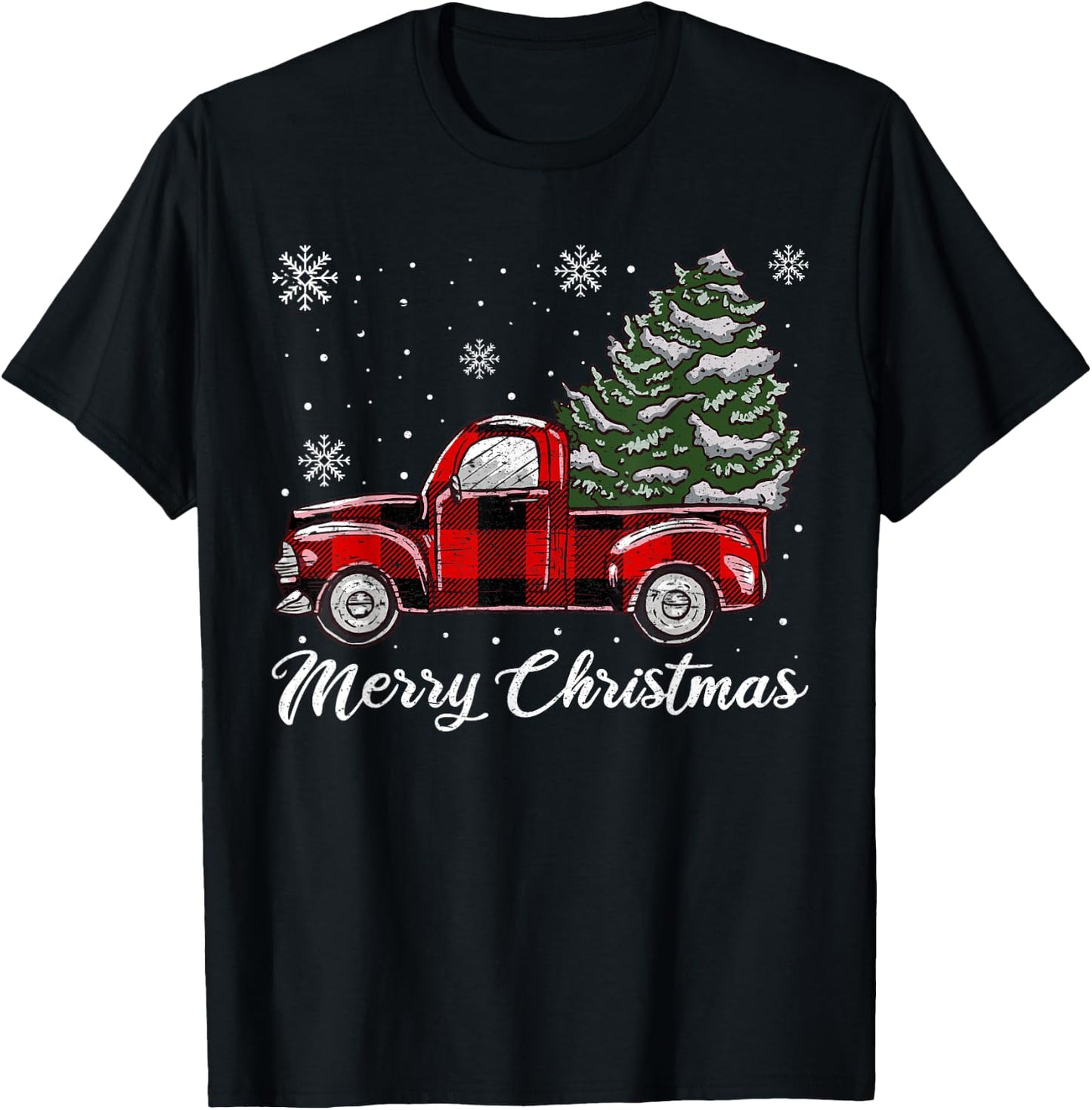 Christmas Tree Red Truck Pajama, Vintage Buffalo Plaid Truck T-Shirt - T-Shirt | Black