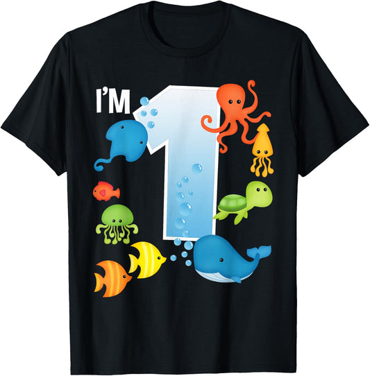 Ocean See Underwater 1 Year Old Under The Sea Birthday Party T-Shirt - T-Shirt | Black