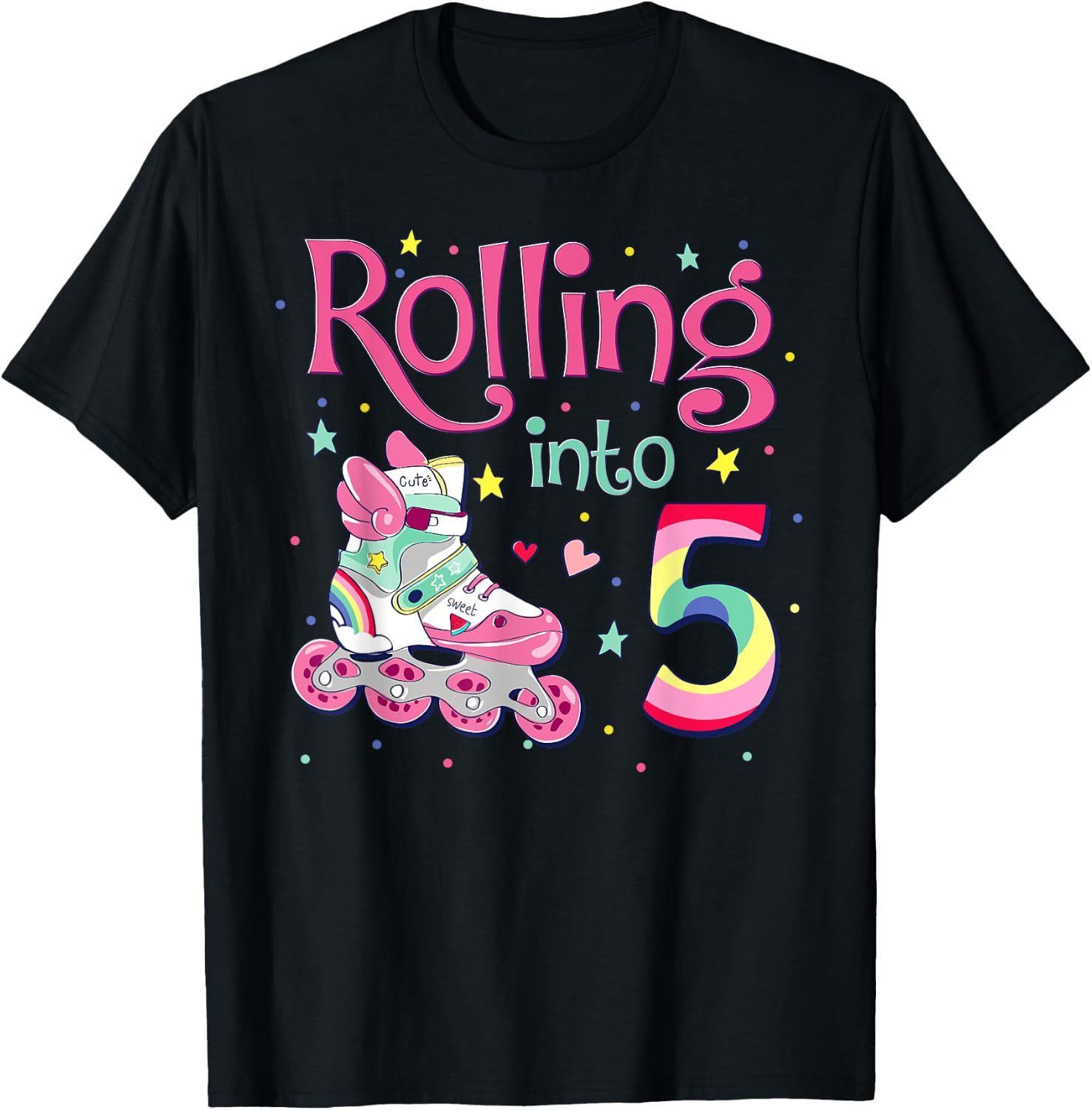 5th Bday Rolling Into 5 Birthday Girl Roller Skate Party T-Shirt - T-Shirt | Black