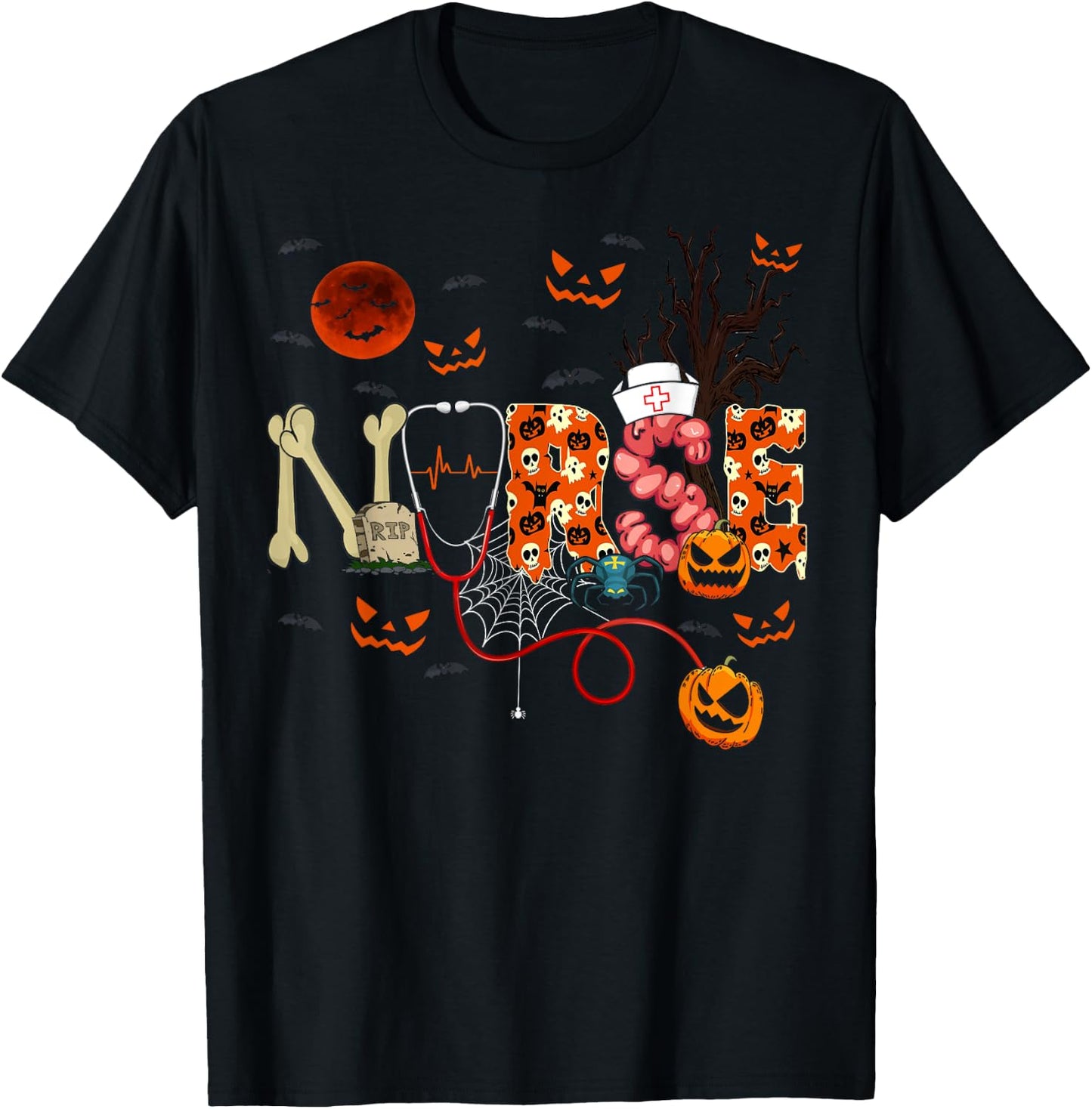 Nurse Funny Stethoscope Nurse Pumpkin Skull Lover Halloween T-Shirt - T-Shirt | Black