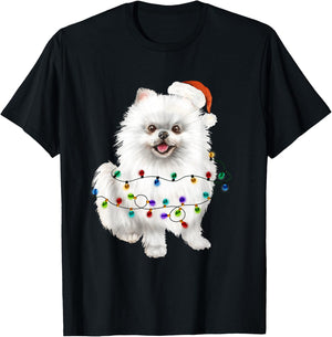 Pomeranian White Santa Christmas Tree Lights Xmas Dog Lover T-Shirt - T-Shirt | Black