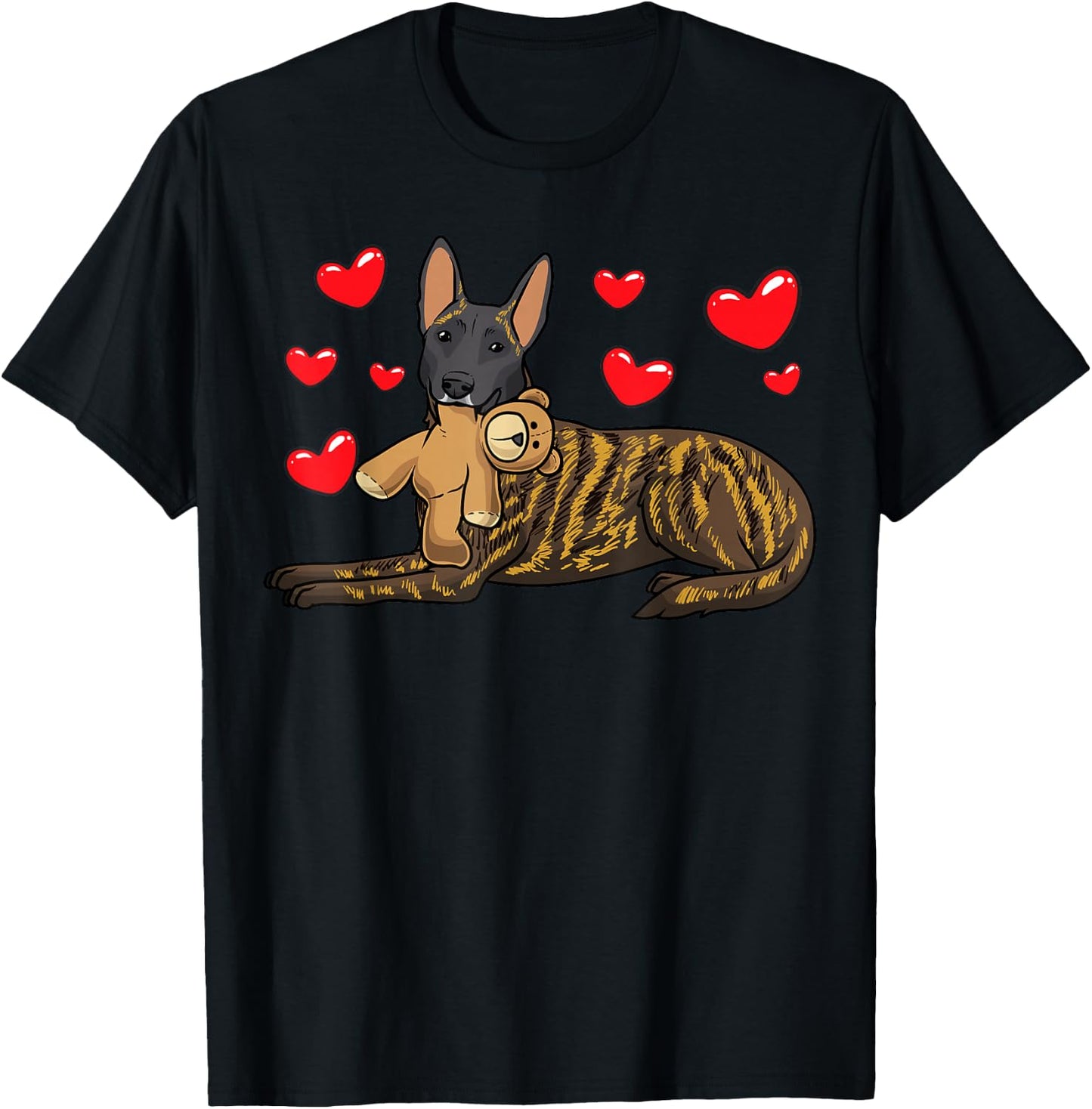 Hollandse Herdershond Dog with Cuddly Toy and Many Hearts T-Shirt - T-Shirt | Black
