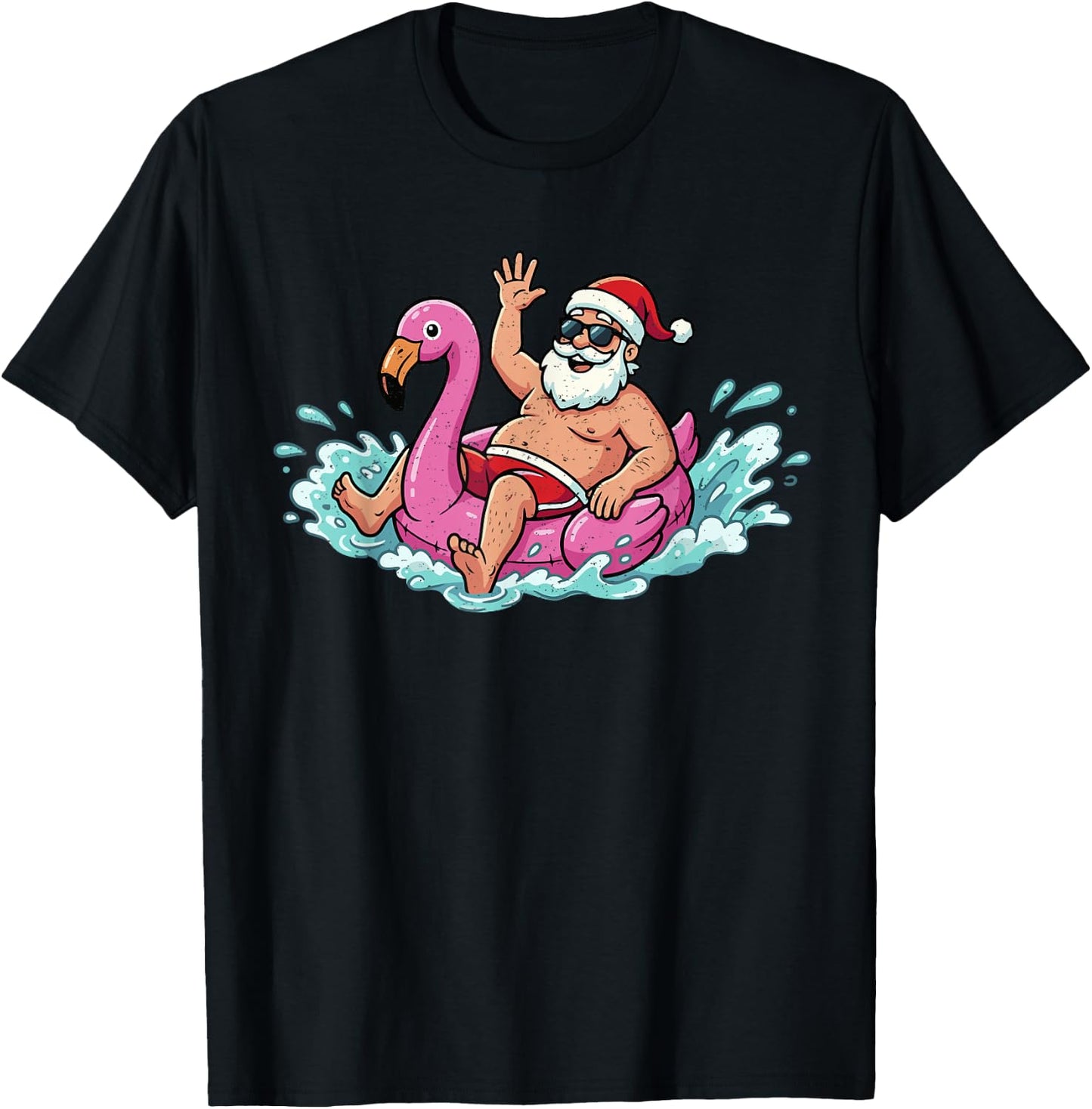 Santa Flamingo Floatie Summer Christmas in July Men Women T-Shirt - T-Shirt | Black