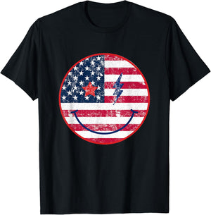American Flag Happy Face July 4th Patriot USA T-Shirt - T-Shirt | Black