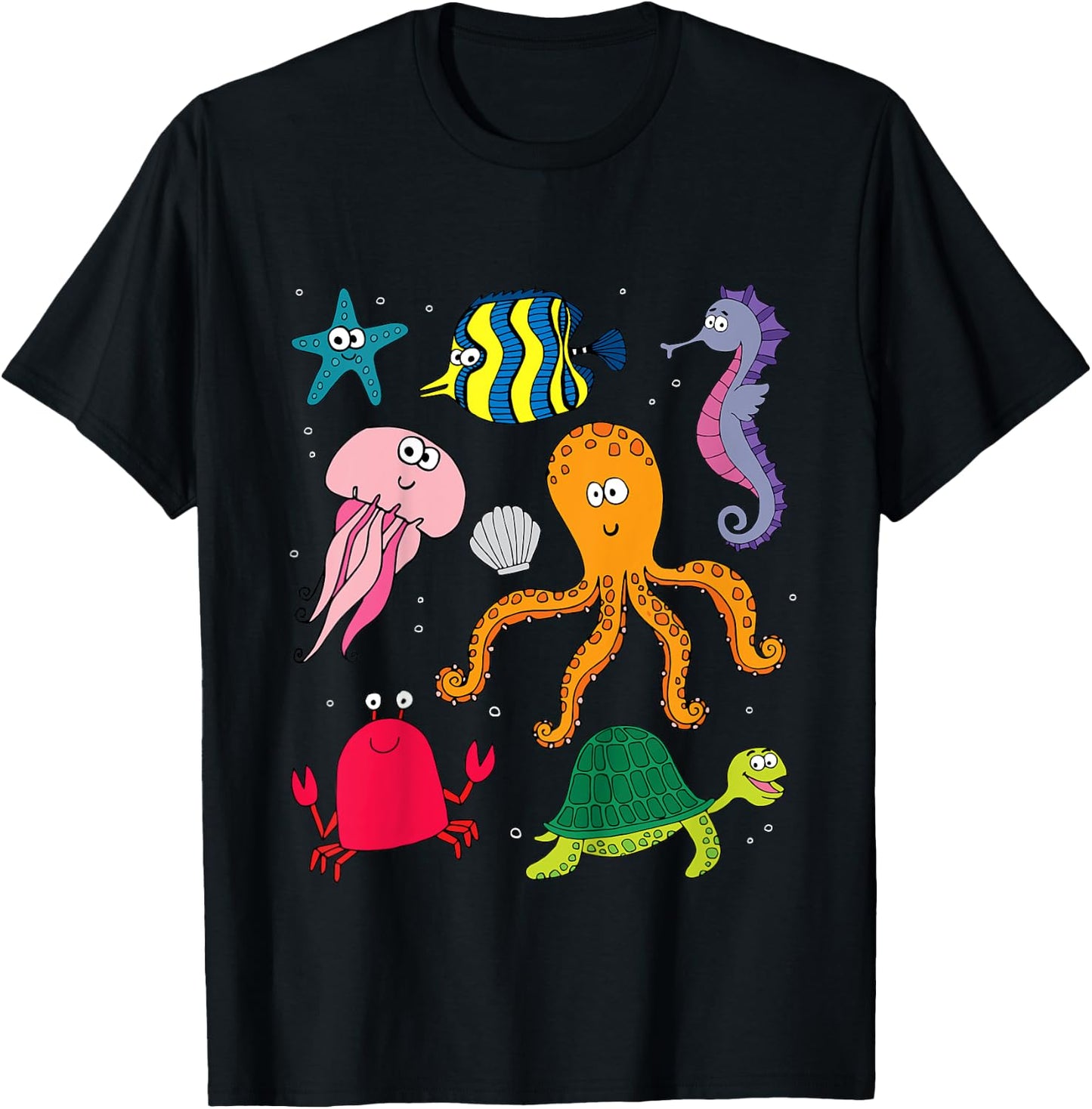 Beach Sea Creatures Ocean Animals Turtle Octopus Fish Girls T-Shirt - T-Shirt | Black