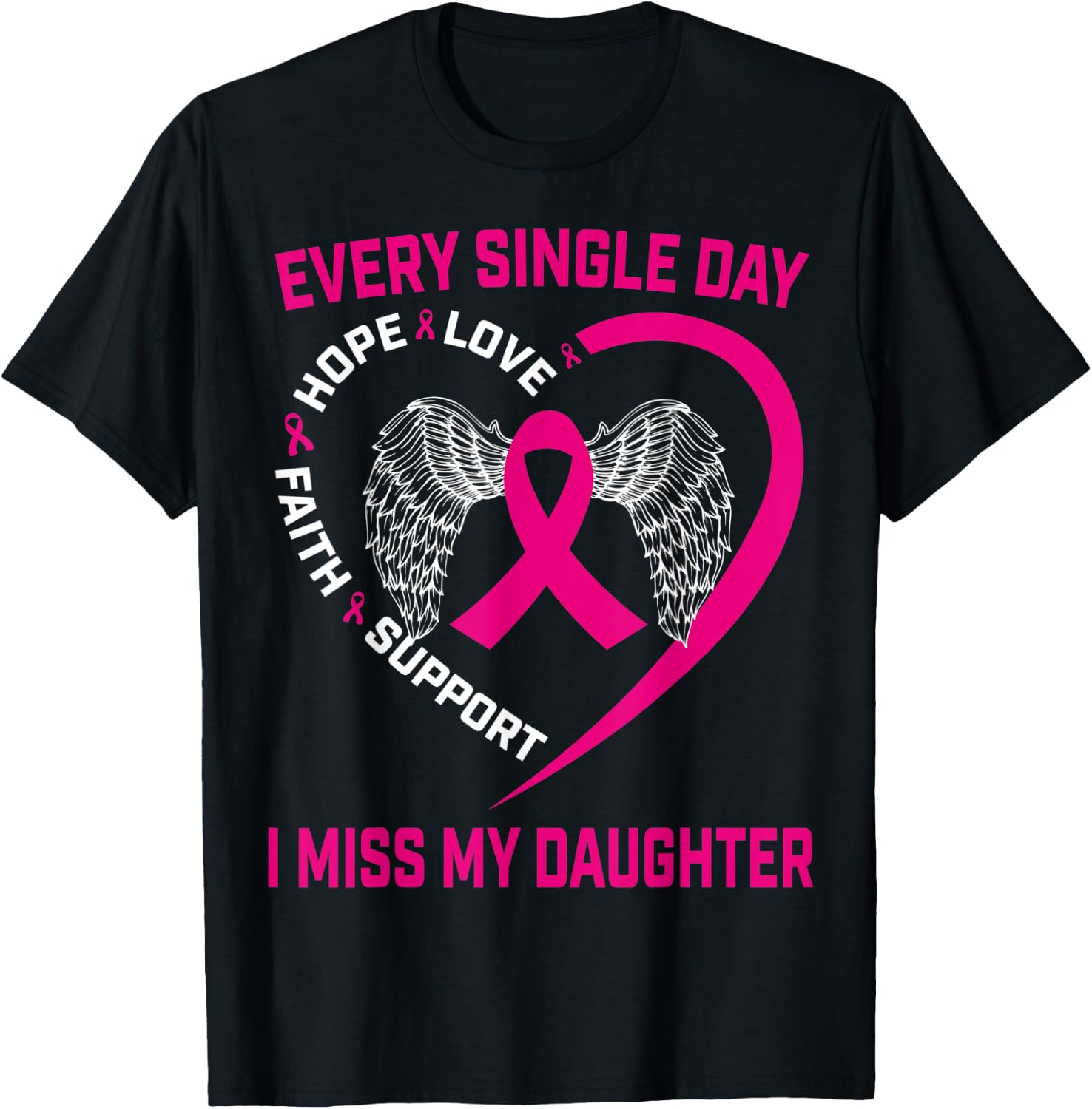 Miss My Daughter Pink Ribbon Wings Breast Cancer Awareness T-Shirt - T-Shirt | Black