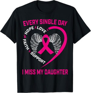 Miss My Daughter Pink Ribbon Wings Breast Cancer Awareness T-Shirt - T-Shirt | Black