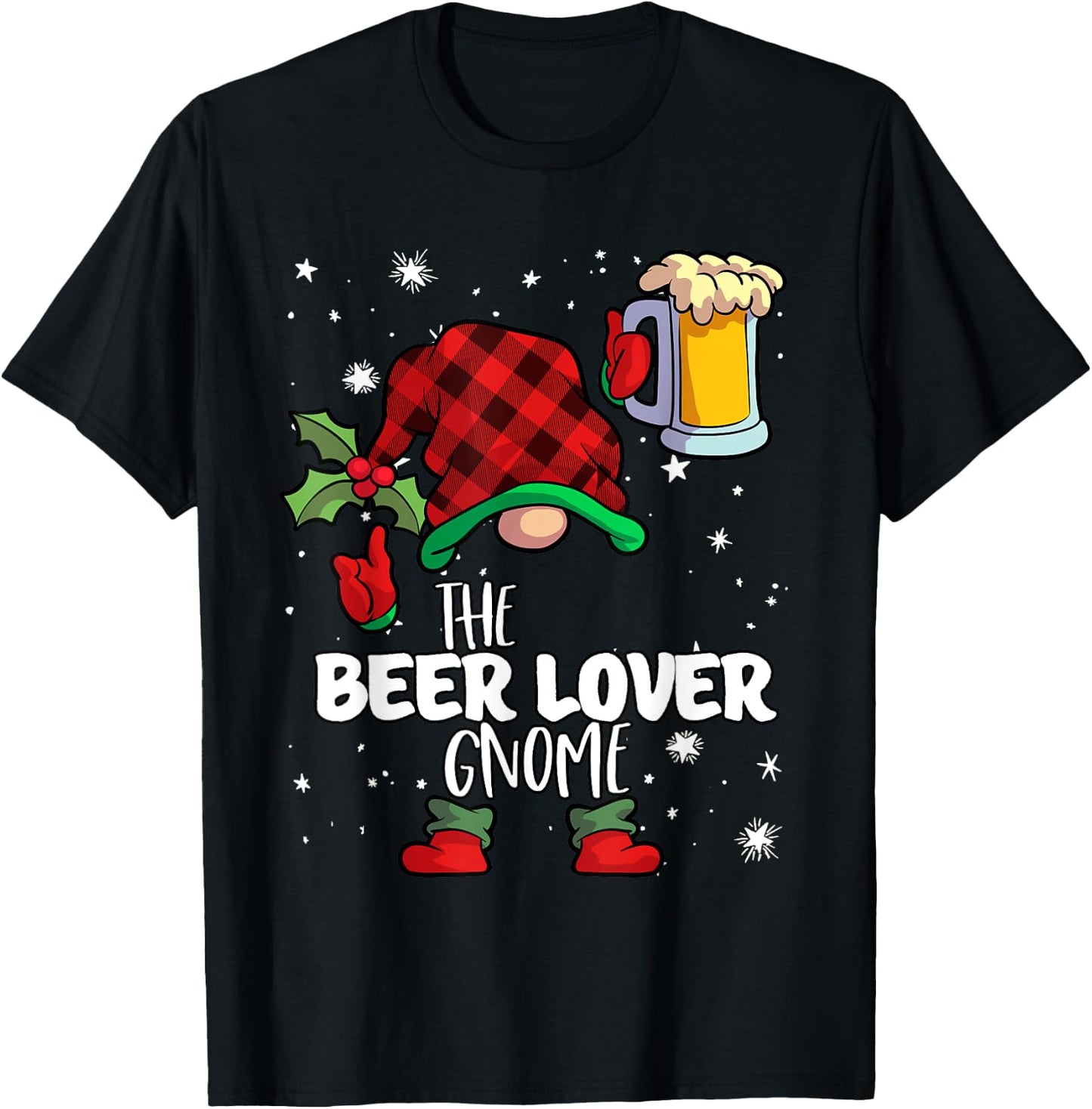 Beer Lover Gnome Red Buffalo Plaid Matching Family Christmas T-Shirt - T-Shirt | Black