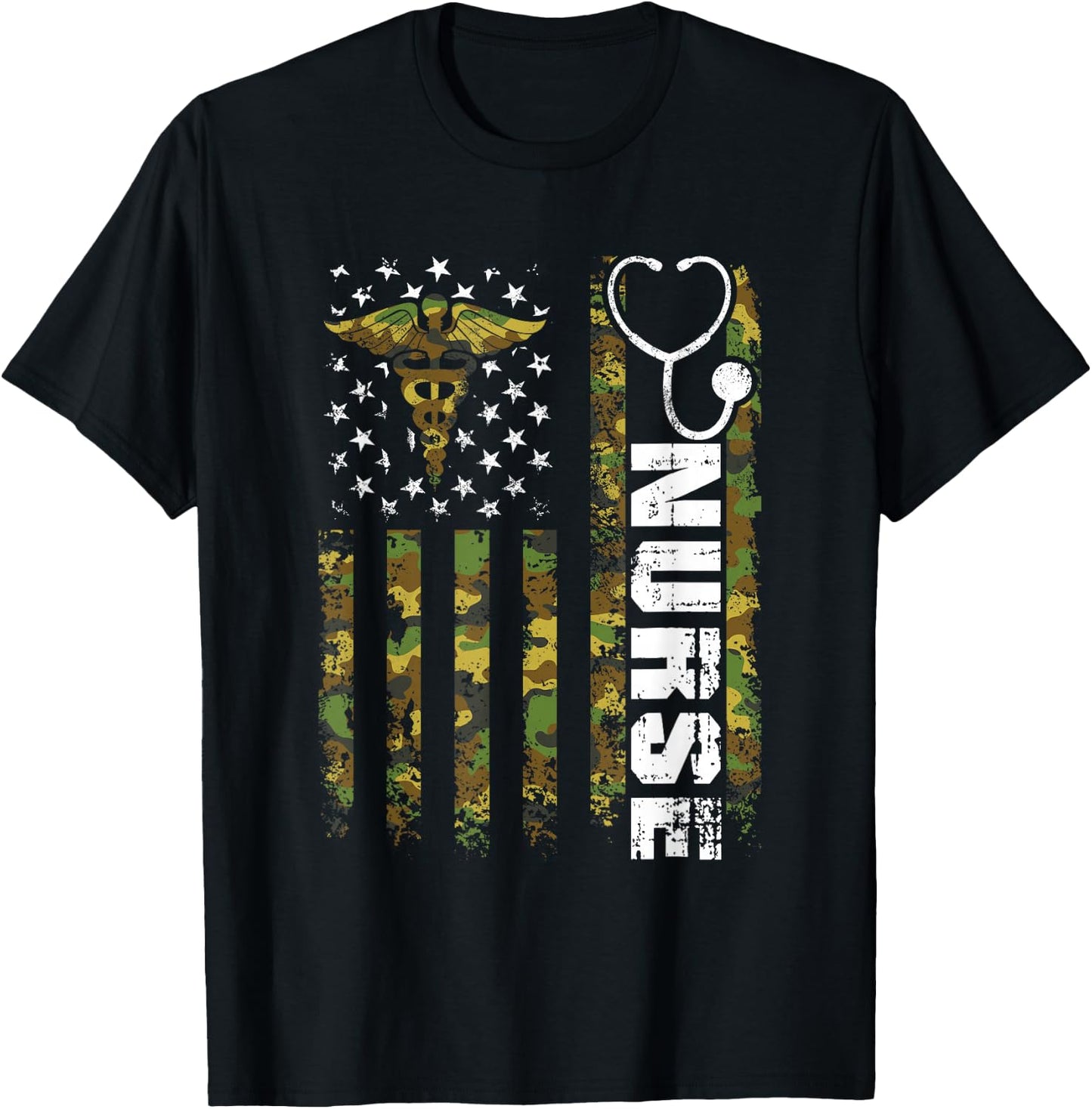 American Flag Camouflage Nurse Patriotic 4th of July T-Shirt - T-Shirt | Black