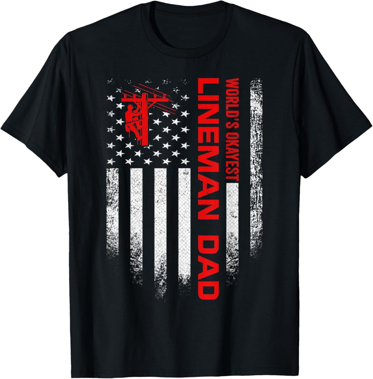 Vintage USA American Flag World's Okayest Lineman Dad Funny T-Shirt - T-Shirt | Black