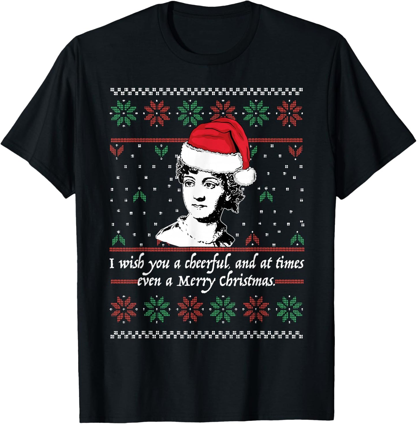 Jane Austen Ugly Christmas Sweater Design Santa Hat Meme T-Shirt - T-Shirt | Black