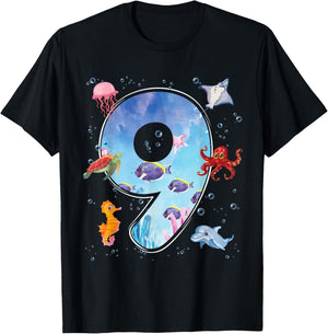 9th Birthday Party Ocean 9 Year Old Sea Fish Aquarium Boy T-Shirt - T-Shirt | Black