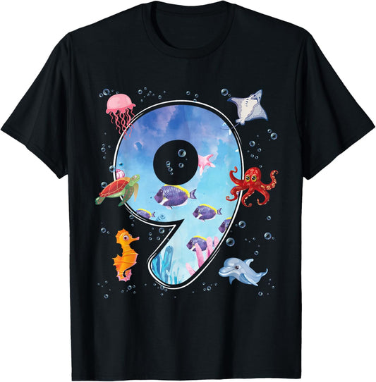 9th Birthday Party Ocean 9 Year Old Sea Fish Aquarium Boy T-Shirt - T-Shirt | Black